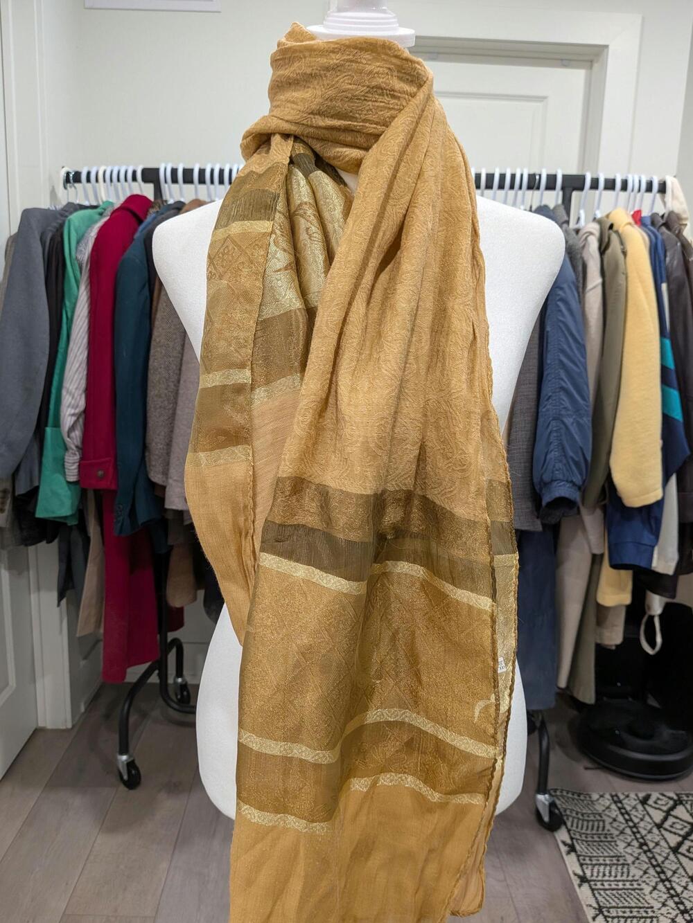 Vintage Gold 100% Silk Paisley Jacquard Scarf